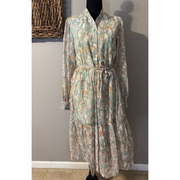 Spring & Mercer L Watercolor Chiffon Midi Prairie Dress Small Long Sleeve NEW - Picture 6 of 16